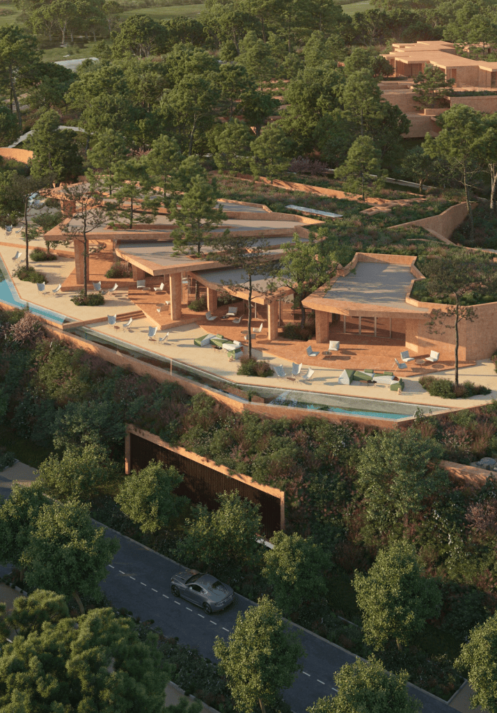 Vista aérea da clubhouse do Palmares Resort, integrada na paisagem natural com arquitetura moderna e piscina infinita.