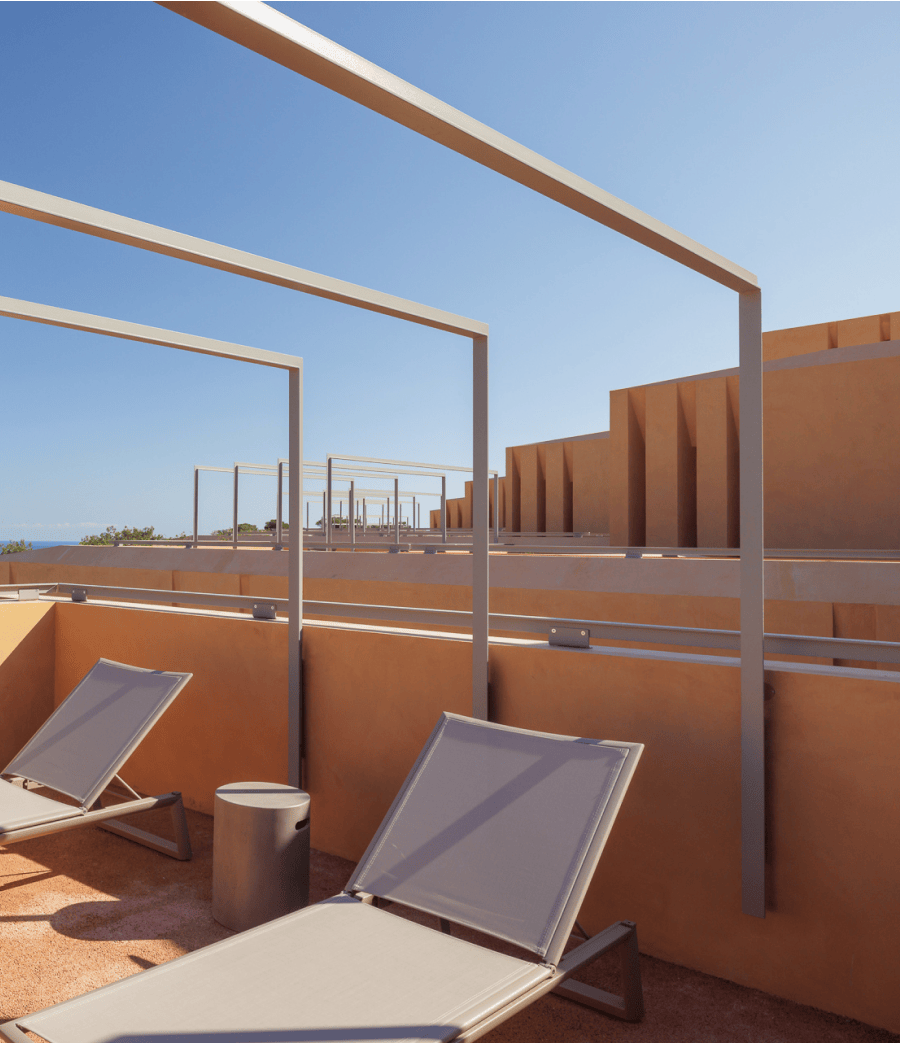 Estrutura arquitetónica moderna nos terraços de Palmares Living.