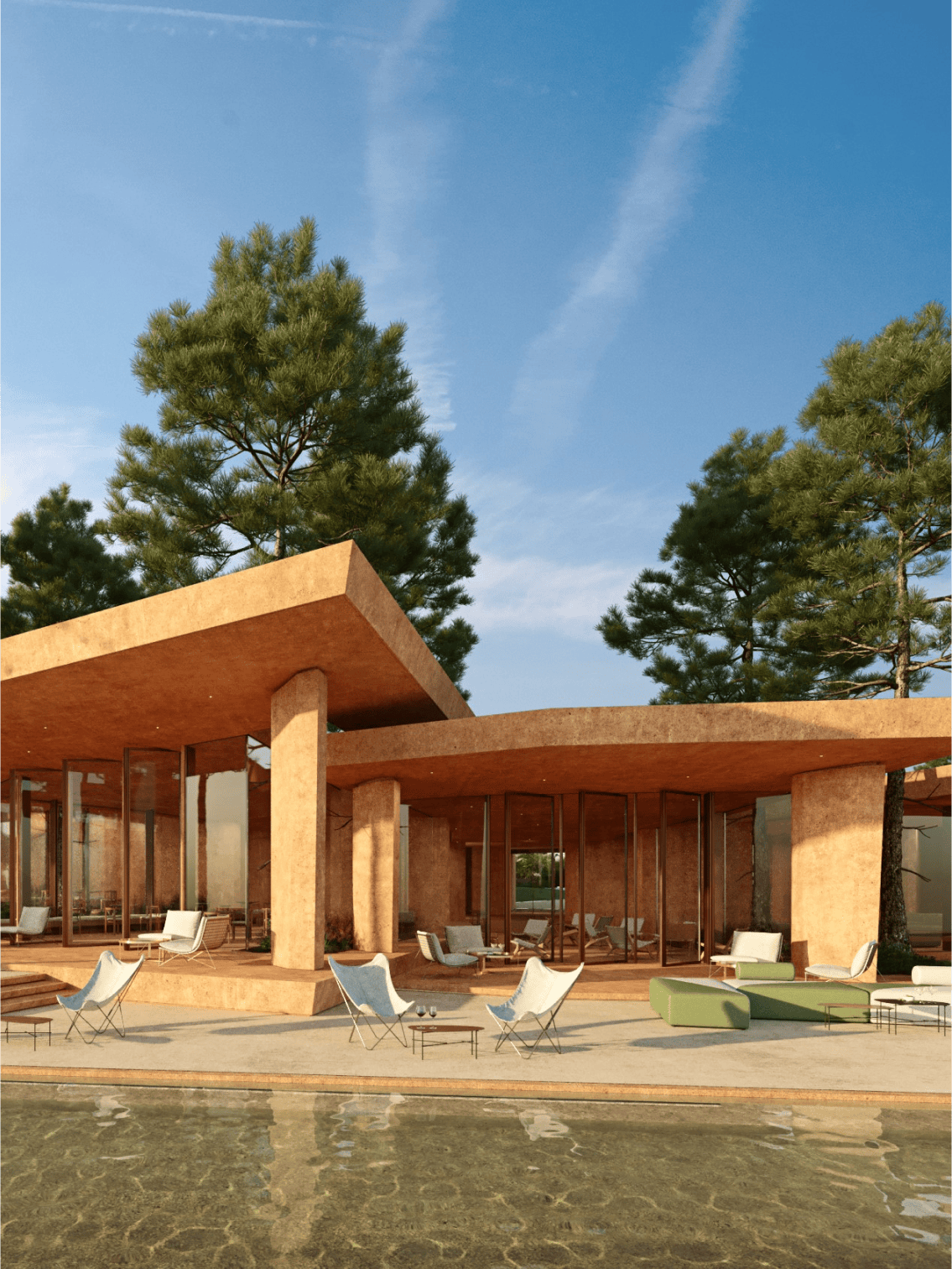 Clubhouse em Palmares com arquitetura contemporânea rodeada por pinheiros.